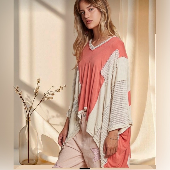 POL Peach Cream Oversized Boho Top Net Sleeve Color block Blouse - Picture 6 of 6